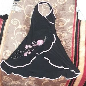 Long black and pink stretchy high low dress